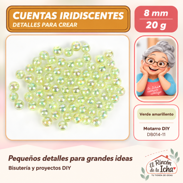 DB014-11 Cuentas redondas iridiscentes – Verde amarillento – 8 mm – 20 g