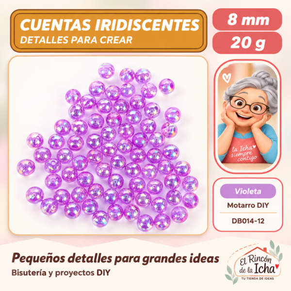 DB014-12 Cuentas redondas iridiscentes – Violeta – 8 mm – 20 g