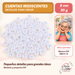 DB014-14 Cuentas redondas iridiscentes – Blanco porcelana – 8 mm – 20 g