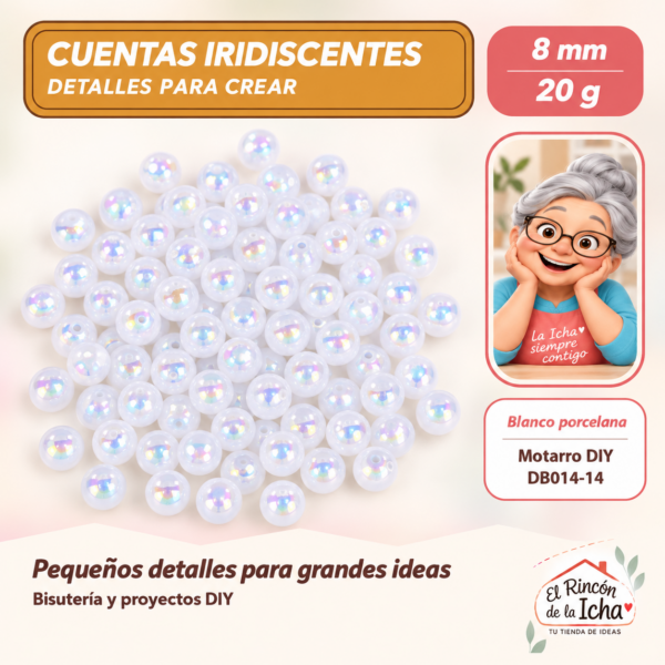 DB014-14 Cuentas redondas iridiscentes – Blanco porcelana – 8 mm – 20 g