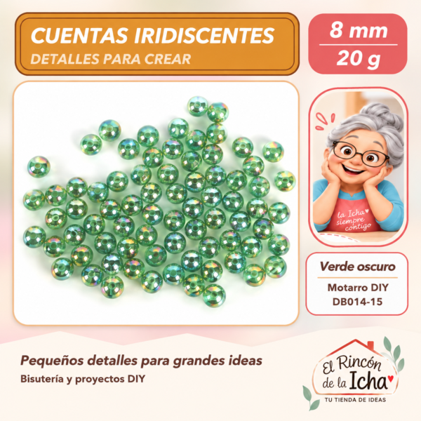 DB014-15 Cuentas redondas iridiscentes – Verde oscuro – 8 mm – 20 g
