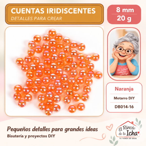 DB014-16 Cuentas redondas iridiscentes – Naranja – 8 mm – 20 g