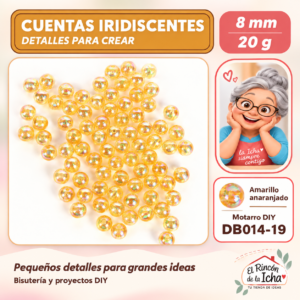 DB014-19 Cuentas redondas iridiscentes – Amarillo anaranjado – 8 mm – 20 g