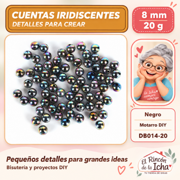 DB014-20 Cuentas redondas iridiscentes – Negro – 8 mm – 20 g