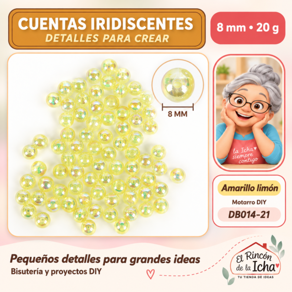DB014-21 Cuentas redondas iridiscentes – Amarillo limón – 8 mm – 20 g