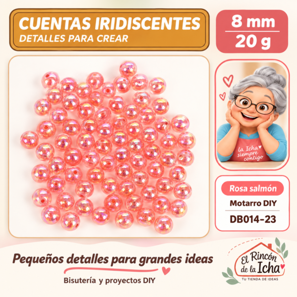 DB014-23 Cuentas redondas iridiscentes – Rosa salmón – 8 mm – 20 g