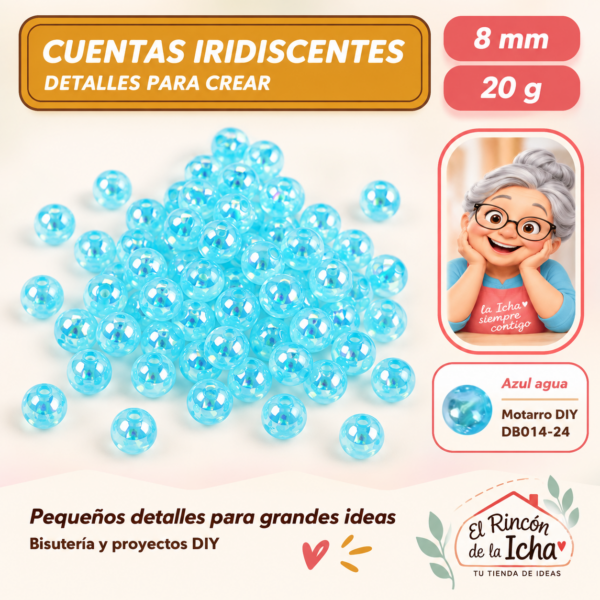 DB014-24 Cuentas redondas iridiscentes – Azul agua – 8 mm – 20 g