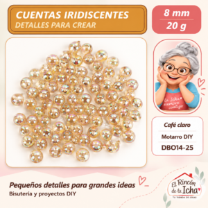 DB014-25 Cuentas redondas iridiscentes – Café claro – 8 mm – 20 g