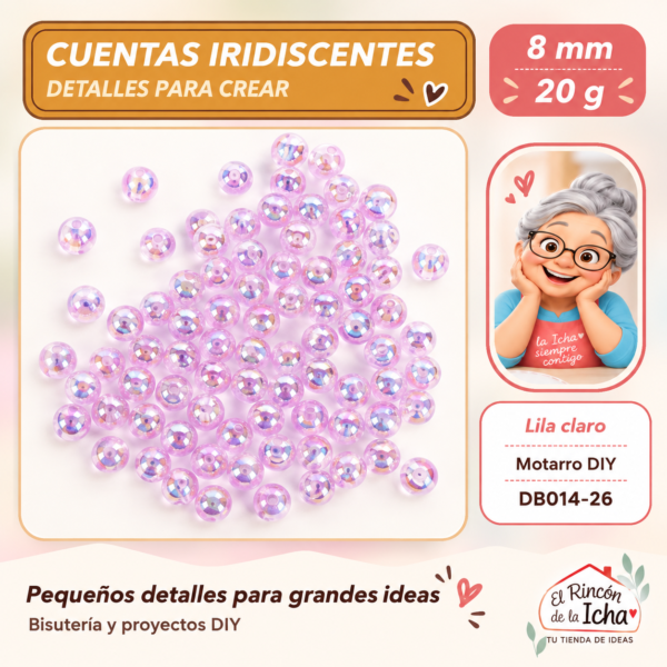 DB014-26 Cuentas redondas iridiscentes – Lila claro – 8 mm – 20 g