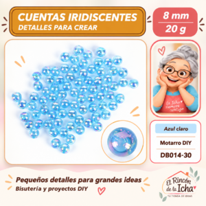 DB014-30 Cuentas redondas iridiscentes – Azul claro – 8 mm – 20 g