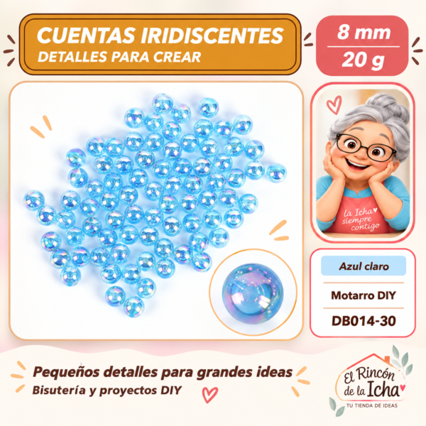 DB014-30 Cuentas redondas iridiscentes – Azul claro – 8 mm – 20 g