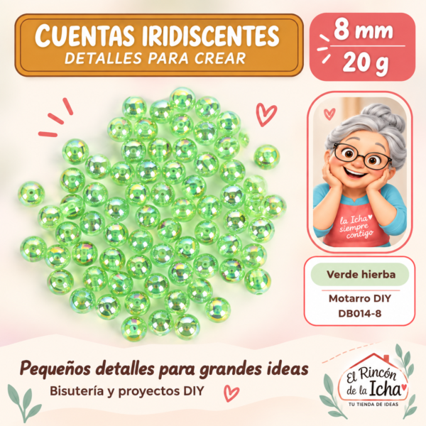 DB014-8 Cuentas redondas iridiscentes – Verde hierba – 8 mm – 20 g