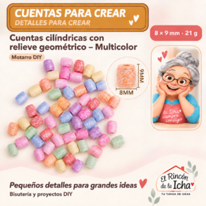 DB020-1 Cuentas cilíndricas con relieve geométrico – Multicolor – 8 × 9 mm – 21 g