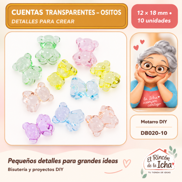 Cuentas transparentes – Ositos – 12 × 18 mm – 10 unidades