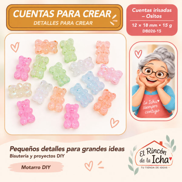 DB020-15 Cuentas irisadas – Ositos – 12 × 18 mm – 15 g