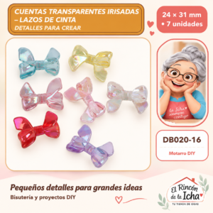DB020-16 Cuentas transparentes irisadas – Lazos de cinta – 24 × 31 mm – 7 unidades