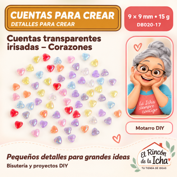 Cuentas transparentes irisadas – Corazones – 9 × 9 mm – 15 g