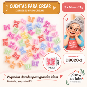 DB020-2 Cuentas de mariposa con relieve – Multicolor – 14 × 14 mm – 21 g