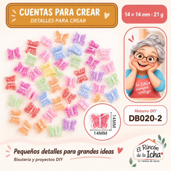Cuentas de mariposa con relieve – Multicolor – 14 × 14 mm – 21 g
