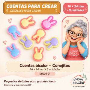 DB020-21 Cuentas bicolor – Conejitos – 16 × 24 mm – 8 unidades