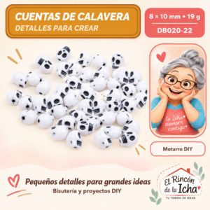 DB020-22 Cuentas de calavera – Blanco con negro – 8 × 10 mm – 19 g