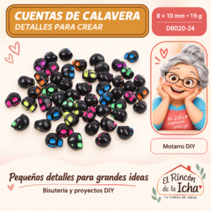 DB020-24 Cuentas de calavera – Negro con colores neón – 8 × 10 mm – 19 g