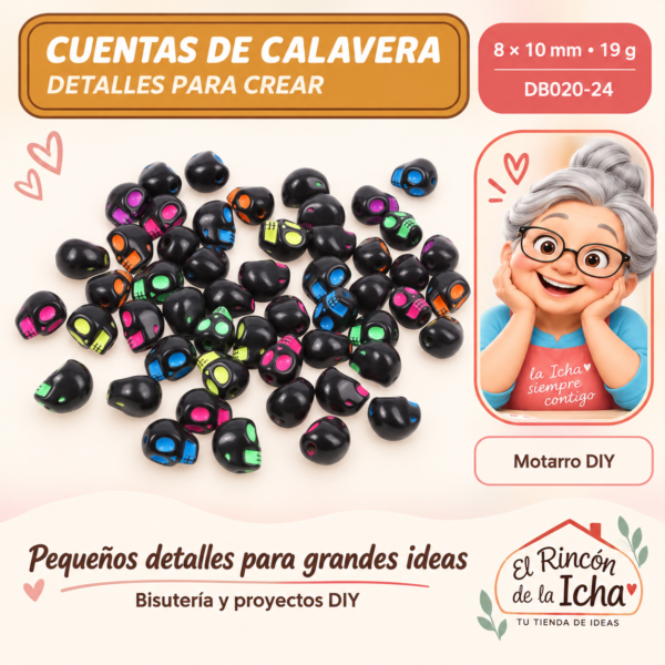 Cuentas de calavera – Negro con colores neón – 8 × 10 mm – 19 g