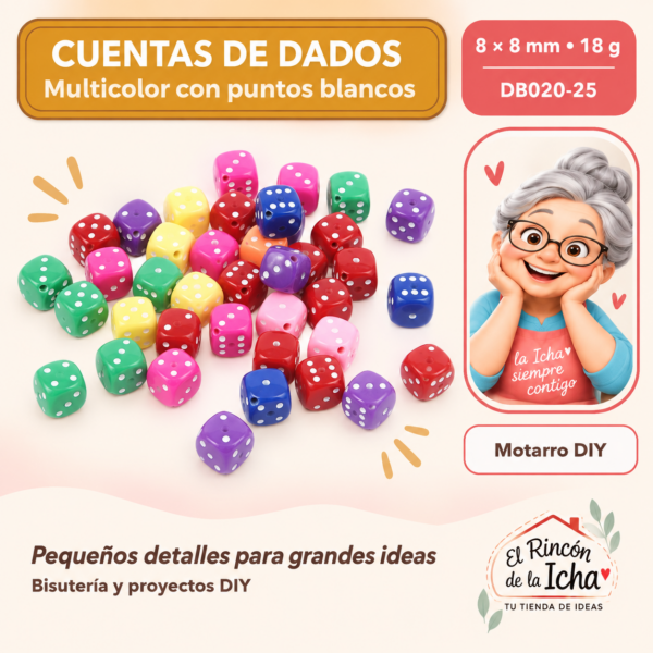 Cuentas de dados – Multicolor con puntos blancos – 8 × 8 mm – 18 g