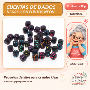 DB020-26 Cuentas de dados – Negro con puntos neón – 8 × 8 mm – 18 g