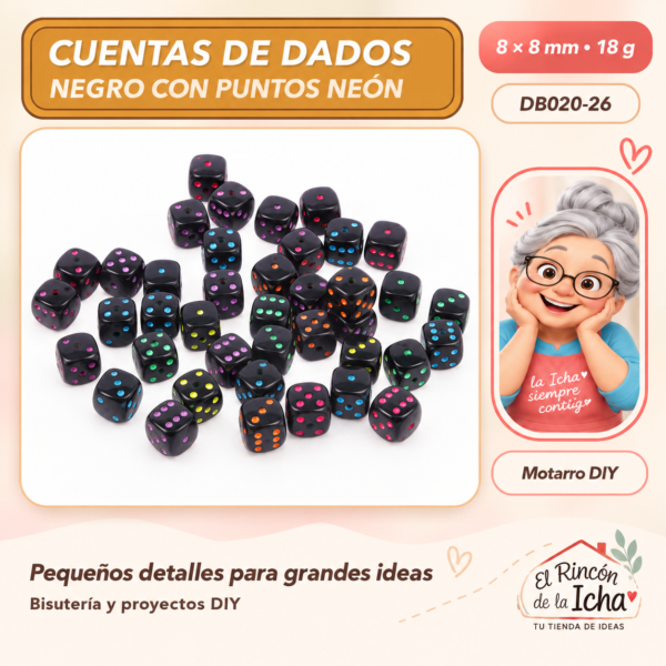 Cuentas de dados – Negro con puntos neón – 8 × 8 mm – 18 g