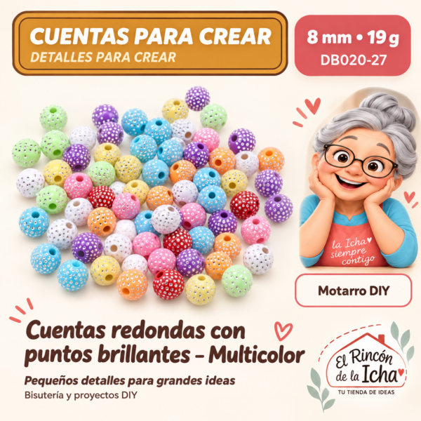Cuentas redondas con puntos brillantes – Multicolor – 8 mm – 19 g