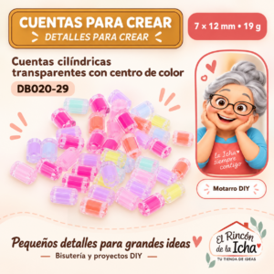 DB020-29 Cuentas cilíndricas transparentes con centro de color – 7 × 12 mm – 19 g