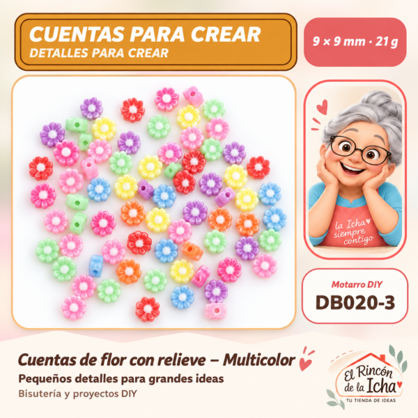 Cuentas de flor con relieve – Multicolor – 9 × 9 mm – 21 g