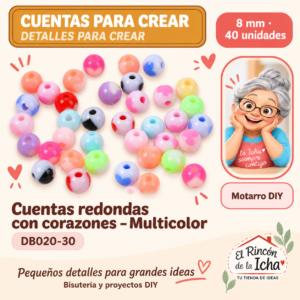 DB020-30 Cuentas redondas con corazones – Multicolor – 8 mm – 40 unidades