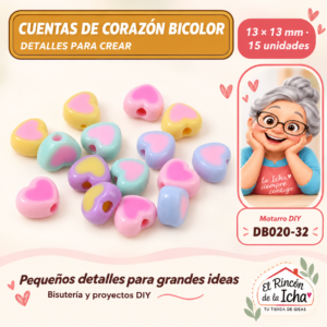 DB020-32 Cuentas de corazón bicolor – Tonos pastel – 13 × 13 mm – 15 unidades