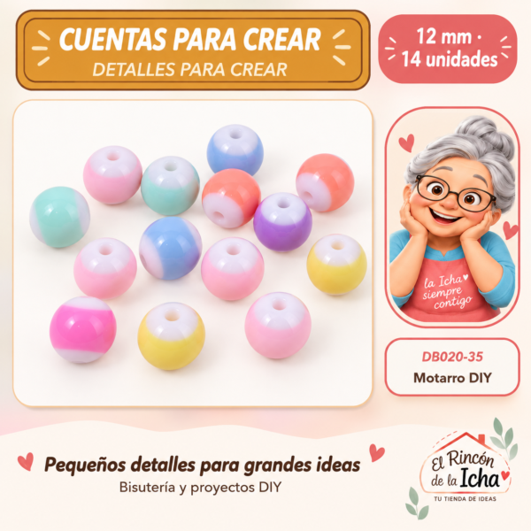 Cuentas redondas bicolor con franja – Multicolor – 12 mm – 14 unidades