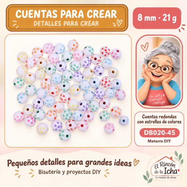 Cuentas redondas con estrellas de colores – 8 mm – 21 g