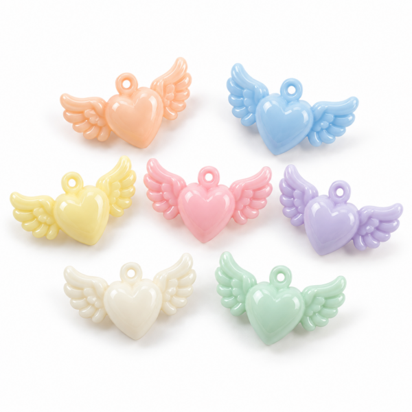 Cuentas acrílicas macarrón – Corazón con alas de ángel – 18 × 30 mm – 8 unidades