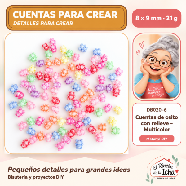 Cuentas de osito con relieve – Multicolor – 8 × 9 mm – 21 g