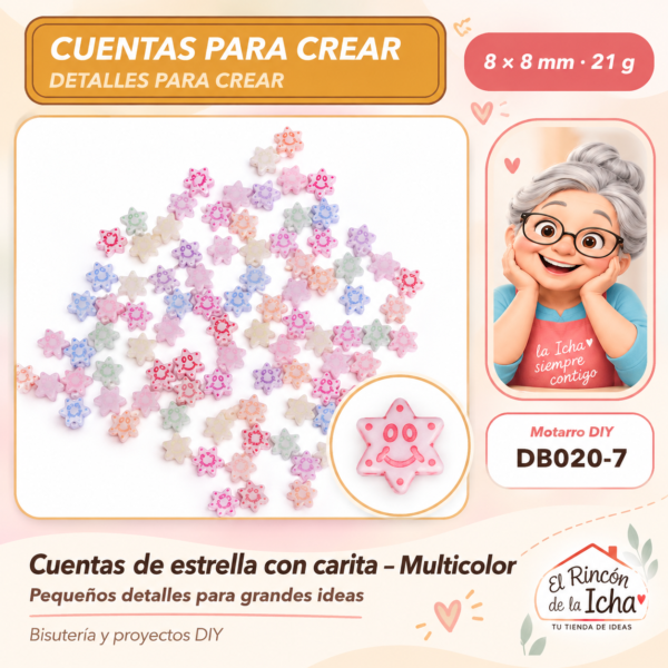 Cuentas de estrella con carita – Multicolor – 8 × 8 mm – 21 g