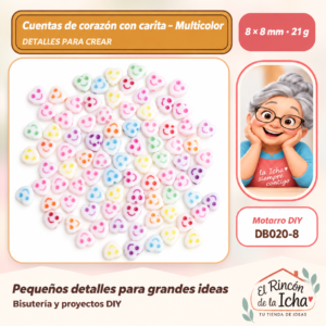 DB020-8 Cuentas de corazón con carita – Multicolor – 8 × 8 mm – 21 g
