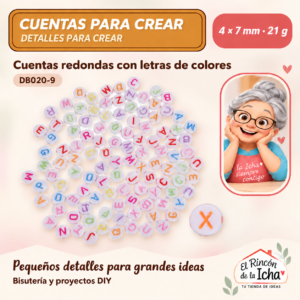 DB020-9 Cuentas redondas con letras de colores – 4 × 7 mm – 21 g