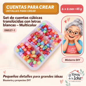 DB027-1 Set de cuentas cúbicas translúcidas con letras blancas – Multicolor – 6 × 6 mm – 45 g
