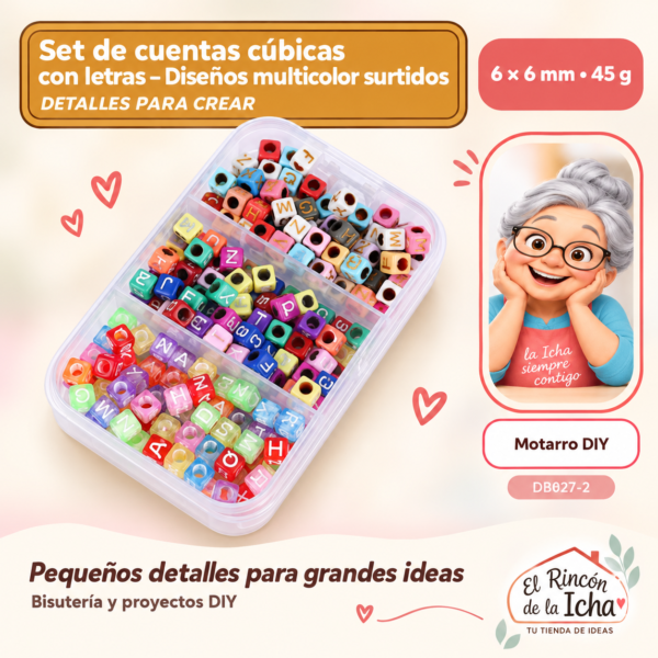 DB027-2 Set de cuentas cúbicas con letras – Diseños multicolor surtidos – 6 × 6 mm – 45 g