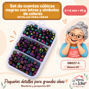 DB027-3 Set de cuentas cúbicas negras con letras y símbolos de colores – 6 × 6 mm – 45 g