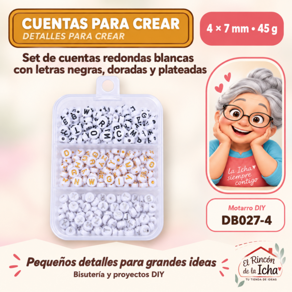 DB027-4 Set de cuentas redondas blancas con letras negras, doradas y plateadas – 4 × 7 mm – 45 g
