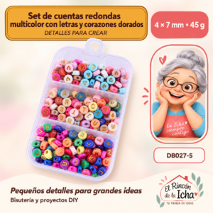 DB027-5 Set de cuentas redondas multicolor con letras y corazones dorados – 4 × 7 mm – 45 g
