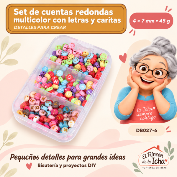 Set de cuentas redondas multicolor con letras y caritas – 4 × 7 mm – 45 g