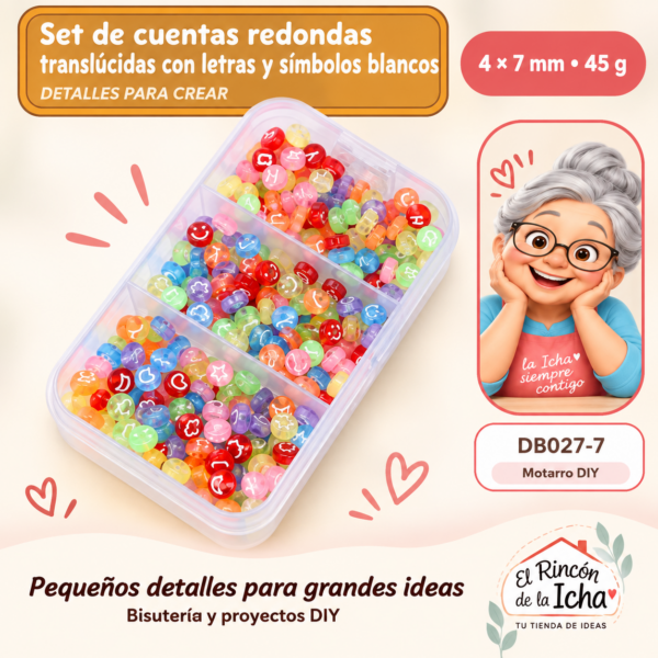 DB027-7 Set de cuentas redondas translúcidas con letras y símbolos blancos – 4 × 7 mm – 45 g