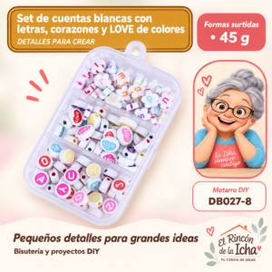 DB027-8 Set de cuentas blancas con letras, corazones y LOVE de colores – 45 g